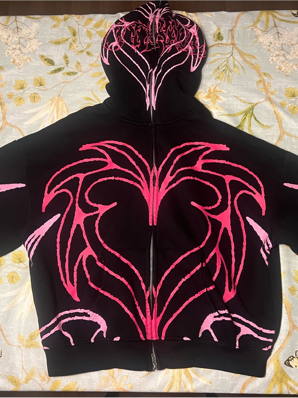 Black Y2K full Zip-Up Bomber Jacket with Pink Tribal Graphics